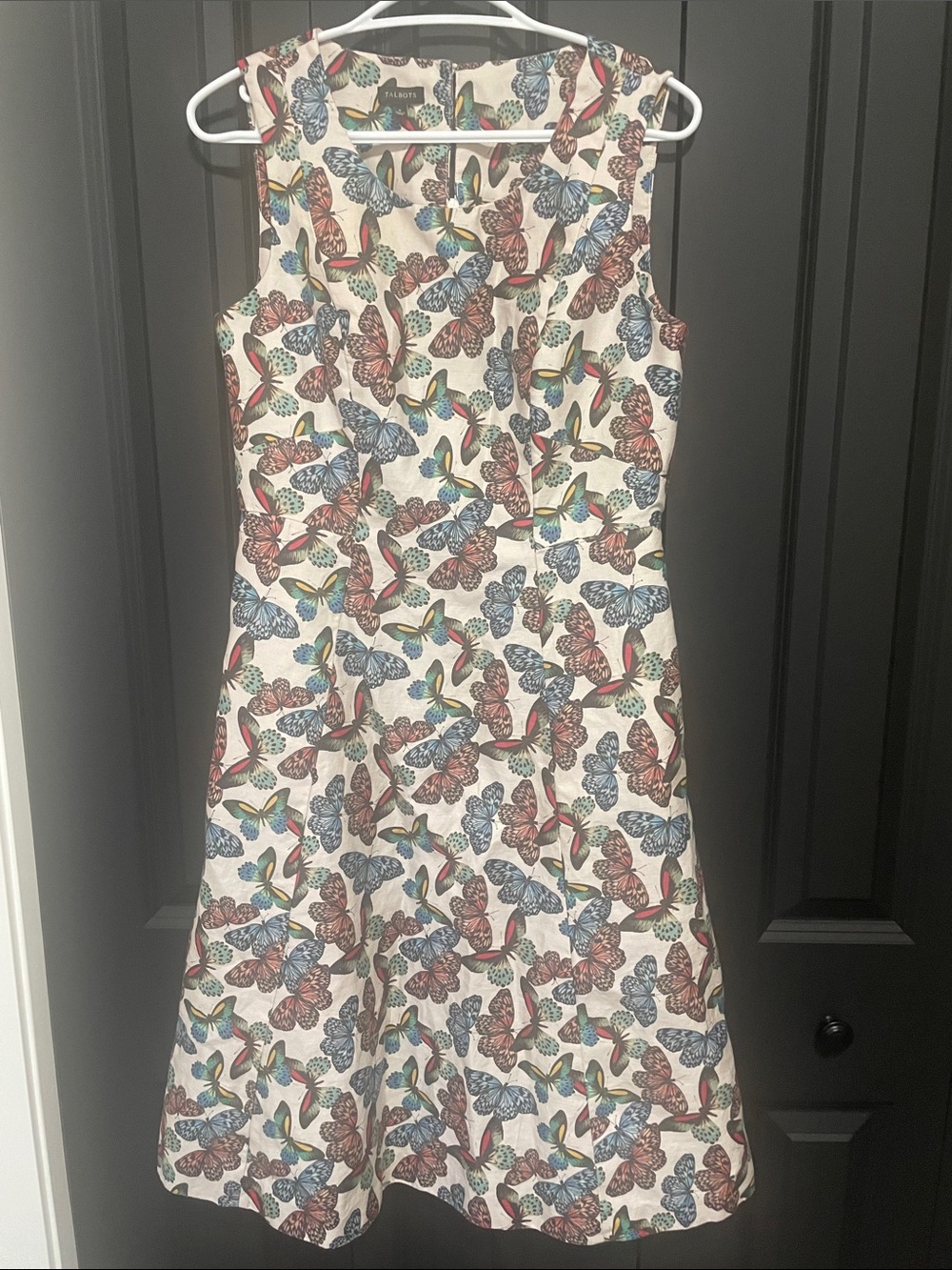 Talbots Linen Cream Dress with Multicolor Butterfly Print with Pockets